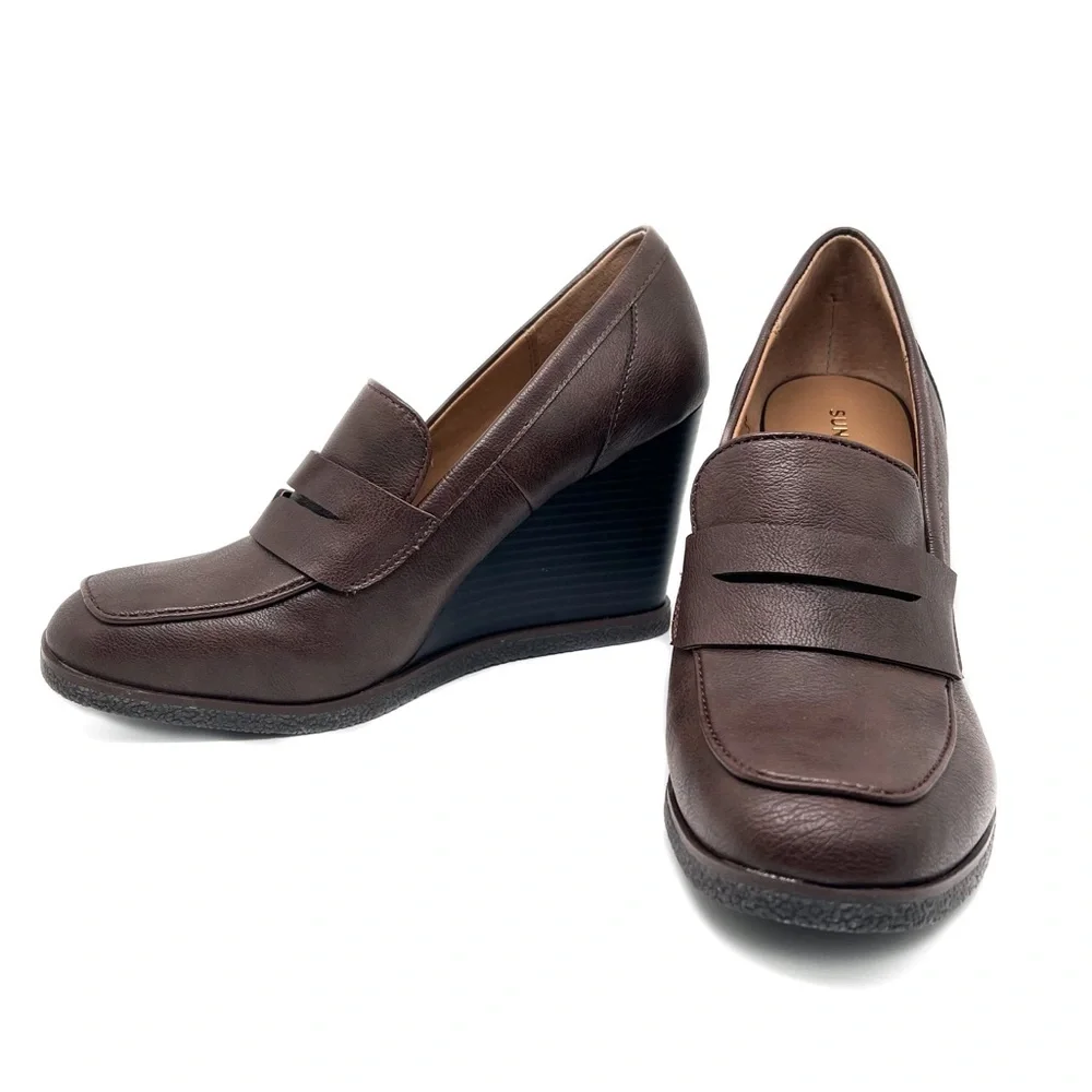 Sun + Stone Wedge Heel Women’s Faux Leather Jetta Slip On Loafer Brown Size 9